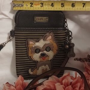 Chala Brown and Tan Striped Crossbody Phone Pouch with Dog Applique